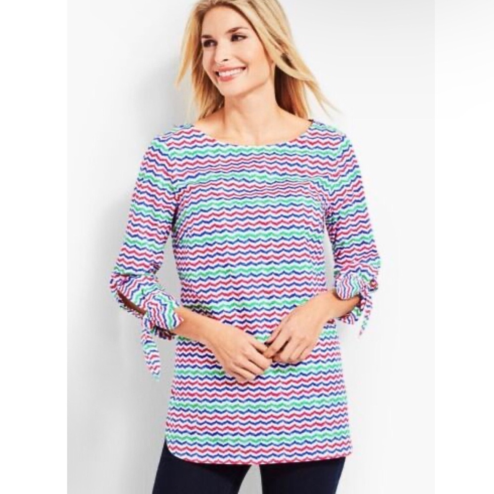 Talbots Women 1XP Petite Cotton Popover Peasant Top Bow 3/4 Sleeve Colorful